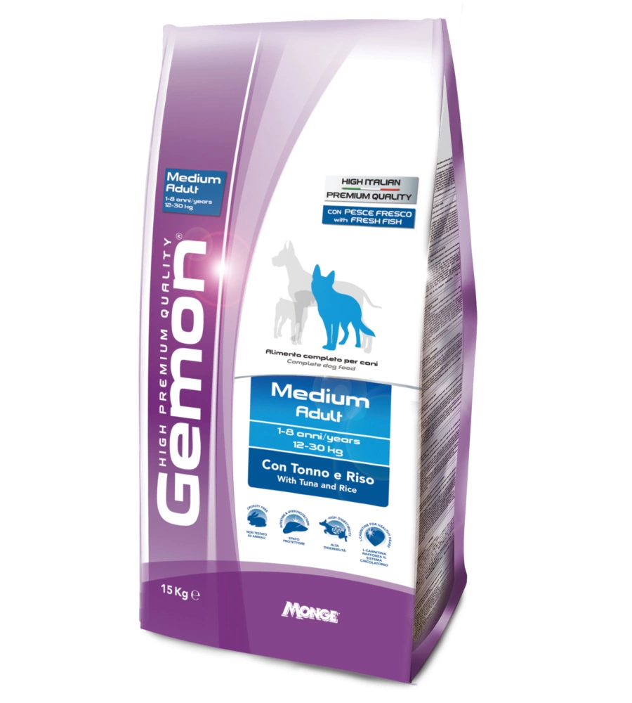 Crocchette cane monge "gemon medium adult" con tonno e riso, 15 kg